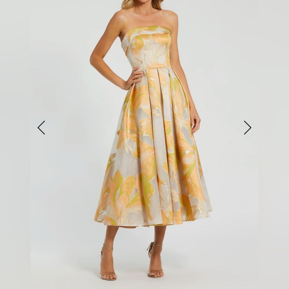 Mac Duggal Strapless Floral Midi Dress in Pastel Yellow and Light Green